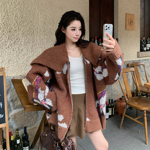秋冬慵懒风大翻领拉链针织开衫女