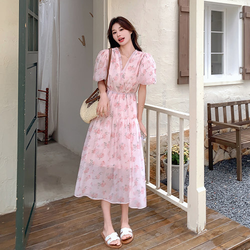 夏季法式粉色碎花收腰A字连衣裙