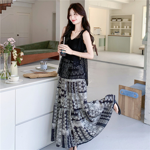 黑色蕾丝拼接半身裙女2026夏季 长裙波西米亚风减龄印花多层大摆裙