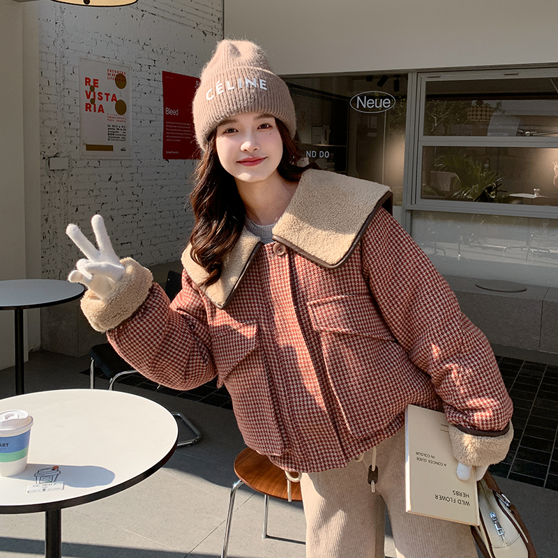 红色格子短款羽绒服女冬季新款