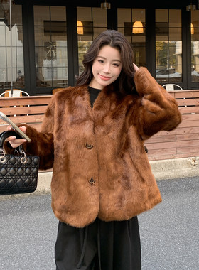 复古V领仿水貂绒女短款羊羔毛外
