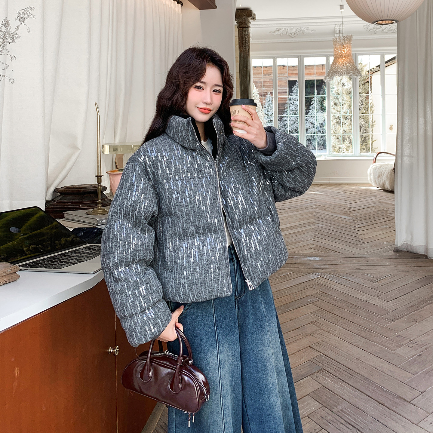 复古亮片短款立领保暖羽绒服女