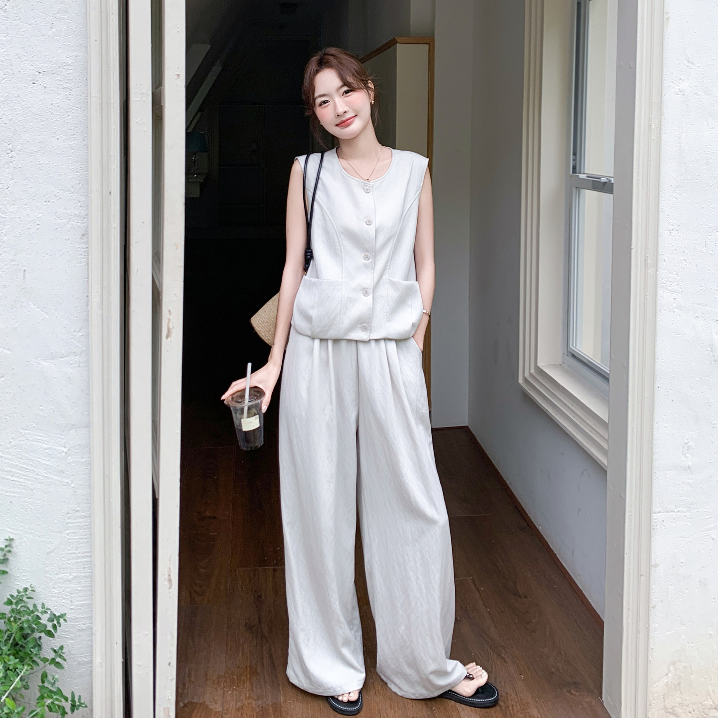 老钱风亚麻阔腿裤两件套女显瘦