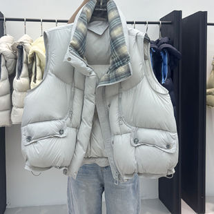欧货2025秋冬新品宽松显瘦加厚保暖格子拼接羽绒马甲90白鸭绒背心
