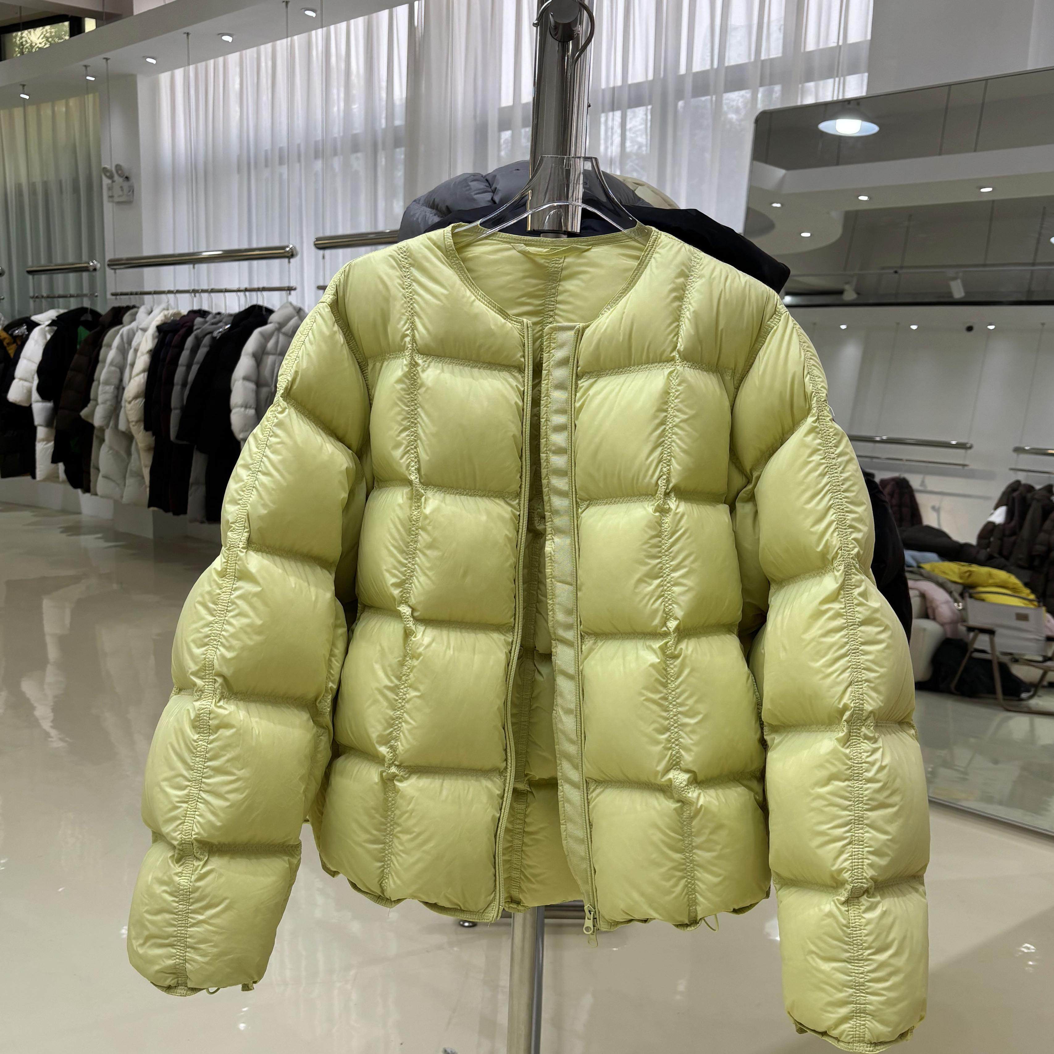 韩国东大门2024大码宽松无领百搭方格羽绒服90%白鸭绒保暖外套女