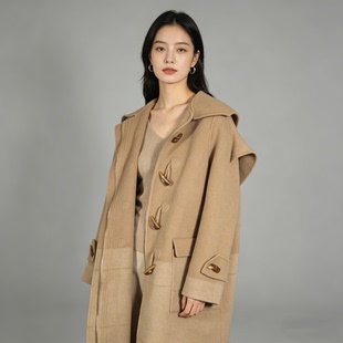 婉系列 冬季牛角扣羊毛双面呢大衣女新款气质长款羊毛呢外套