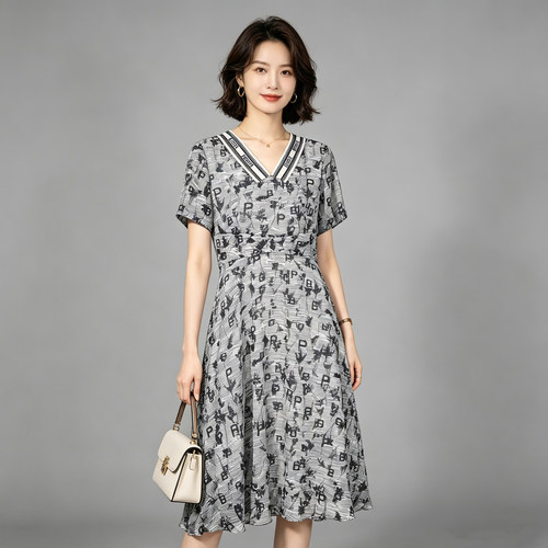 风笛夏季新款连衣裙女百搭花版短袖V领中长款收腰A字裙1A25062