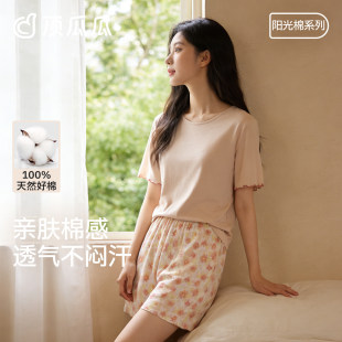 顶呱呱薄款 女士纯棉短袖 短裤 圆领木耳边青年可外穿家居服 睡衣套装