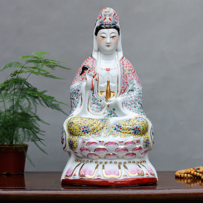 景德镇手工粉彩陶瓷净瓶观音菩萨雕塑坐像家居供奉客厅工艺品摆件