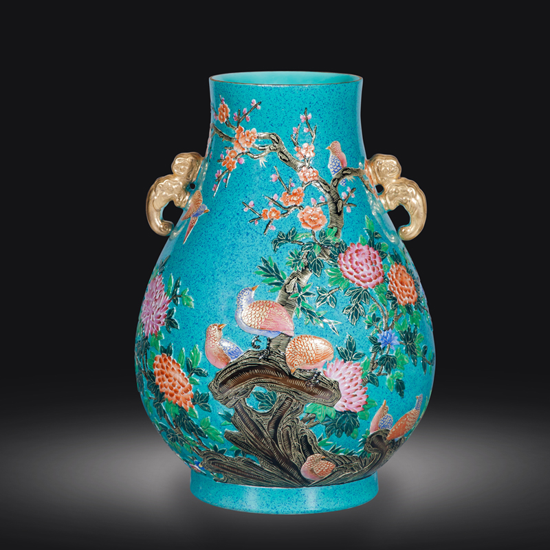 景德镇瓷器仿古明清官窑珐琅彩摆件手绘粉彩陶瓷花鸟双耳花瓶