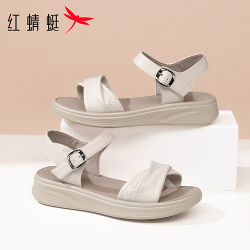 红蜻蜓羊皮平底凉鞋真皮外穿女鞋