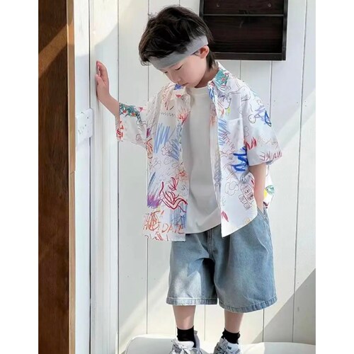 儿童短袖衬衫夏季男童酷帅印花上衣2026新款洋气韩版女童夏装衬衣