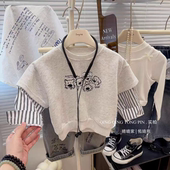 外穿上衣 可爱立体玩偶拼接时尚 新款 条纹假两件小狗卡通上衣春秋款