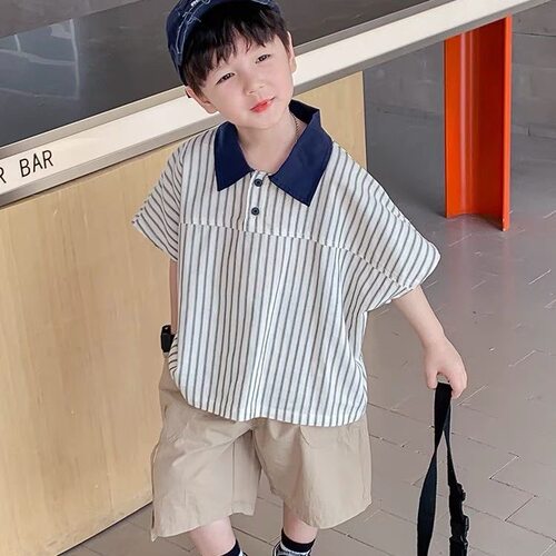 儿童衬衫新款男童夏季条纹衬衫时尚百搭潮童短袖POLO领