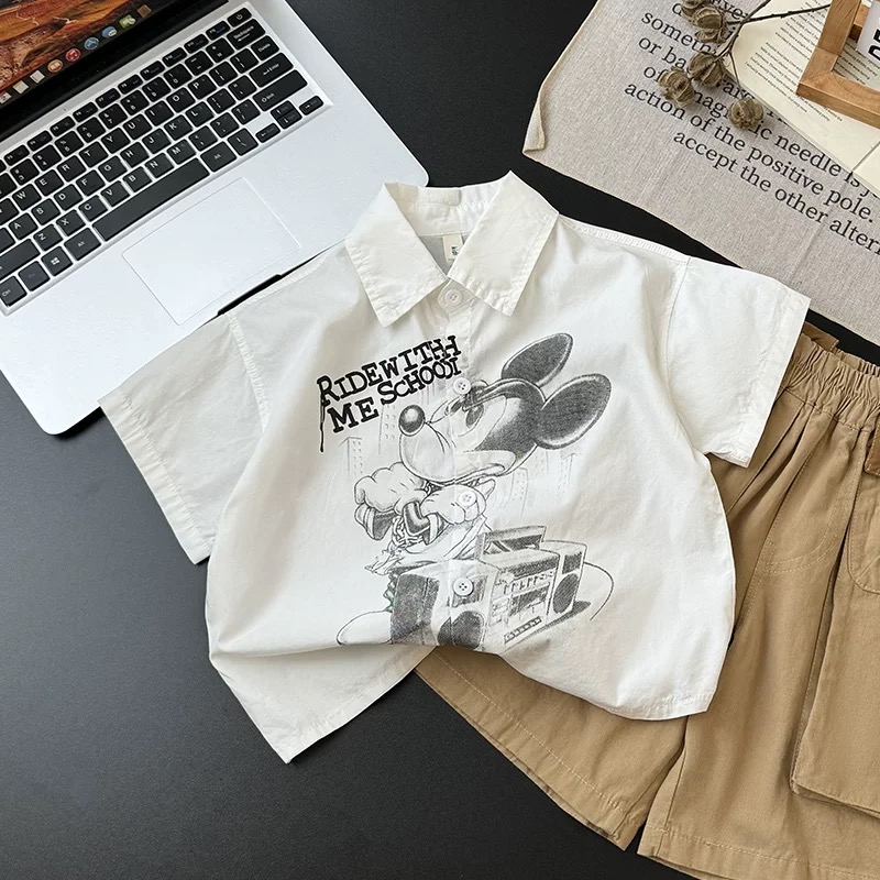 男童夏装潮流帅气衬衫新款宝宝洋气卡通字母短袖衬衫街头痞帅风
