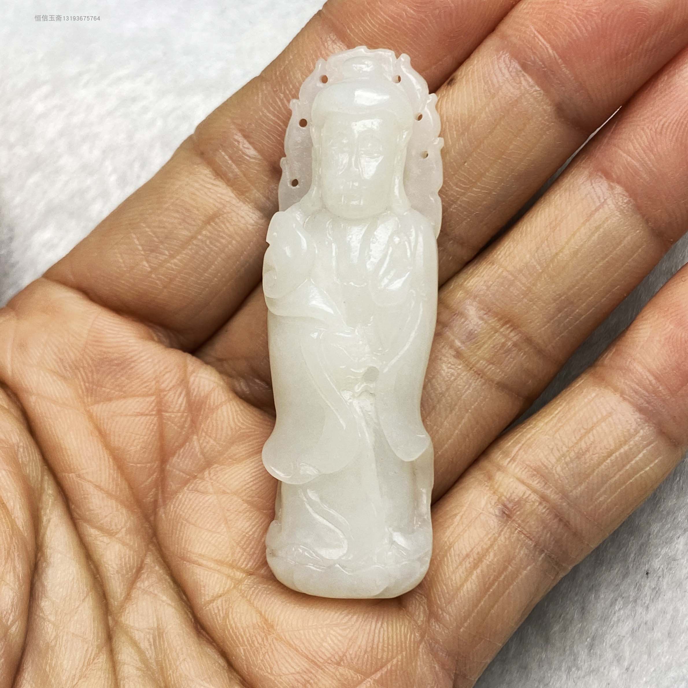 捡漏和田玉佩戴观音吊坠挂件细腻油润羊脂白玉站观音玉坠立体雕刻