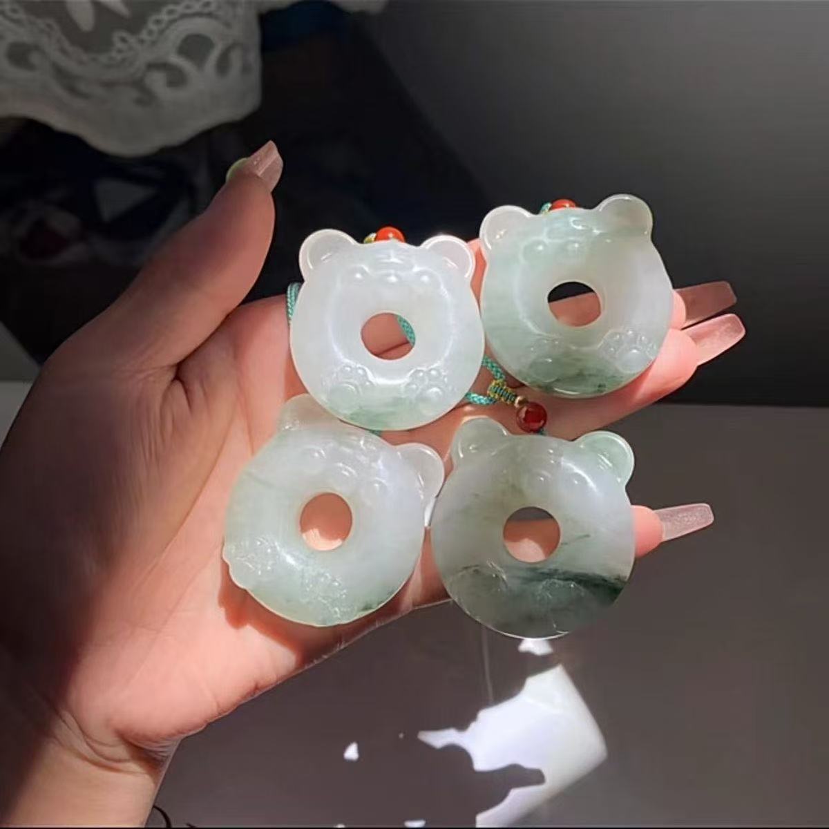 新疆天山翠玉石玉面狐狸平安环猫耳甜甜圈吊坠小猫环福锁玉石多款