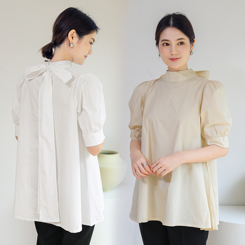 日系夏天气质通勤娃娃领薄棉宽松型开衫纯色白色短袖套蝴蝶结上衣