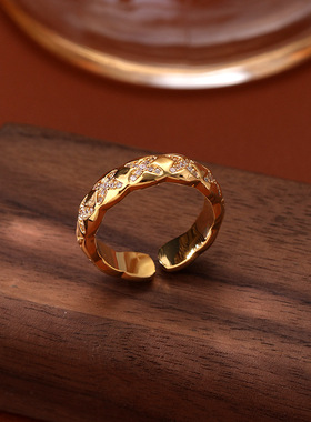 铜镀真金欧美爆款微镶锆石开口戒指女小众高级轻奢简约花朵指环