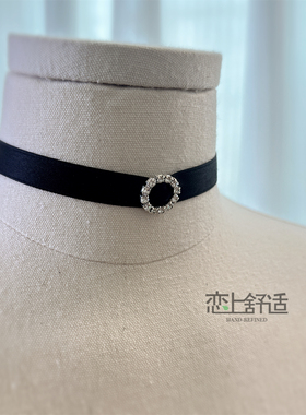 韩女简约黑色短款玫瑰水钻choker
