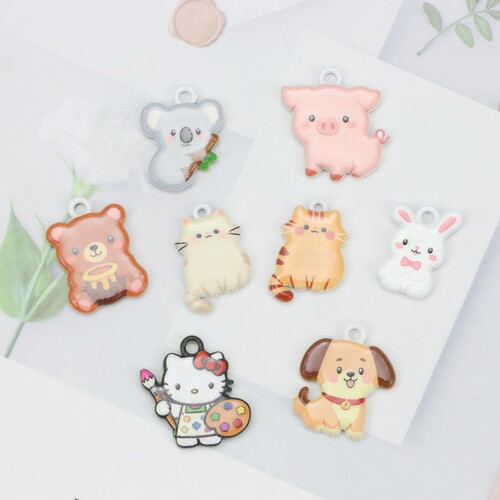 卡通可爱印刷小狗小熊小猫猪吊坠DIY耳环项链手机链包包服饰配