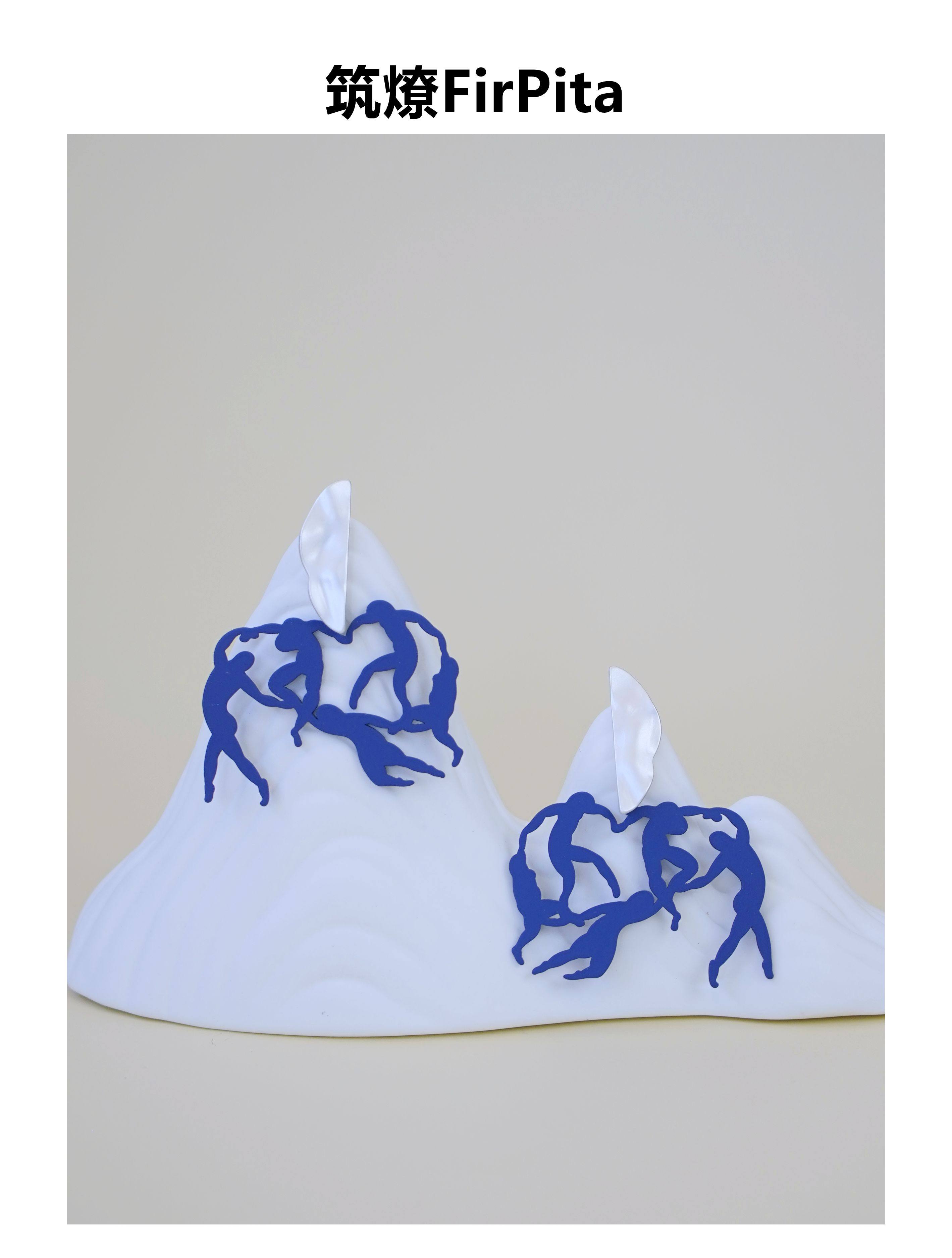 艺术家系列 马蒂斯 the dance 原创设计画作舞蹈剪影蓝色金属耳环