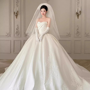 租赁韩版抹胸缎面婚纱女长裙刺绣拖尾超仙迎宾主婚纱高端出租