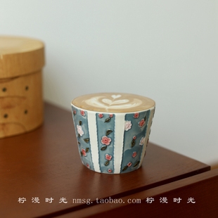 设计师款景德镇手绘浮雕玫瑰猪口杯拿铁拉花杯精致手握杯主人杯