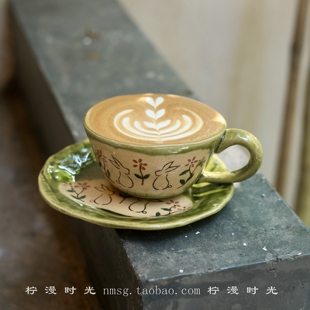 手作日式织部烧复古碧山绿咖啡杯碟下午茶杯高颜值拿铁拉花礼物