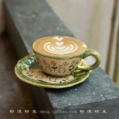 手作织部烧复古绿杯碟200ml