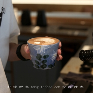 景德镇手绘釉下彩手作紫砂泥猪口杯拿铁拉花杯主人杯大口径手握杯