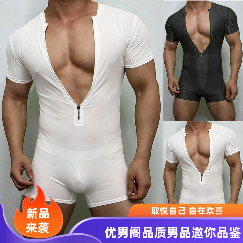 优男阁欧美风男士拉链深V短袖连体衣 高弹针织修身夜店派对演出服