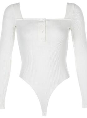 Slim-fit U-neck threaded long-sleeved single-breasted bodysu
