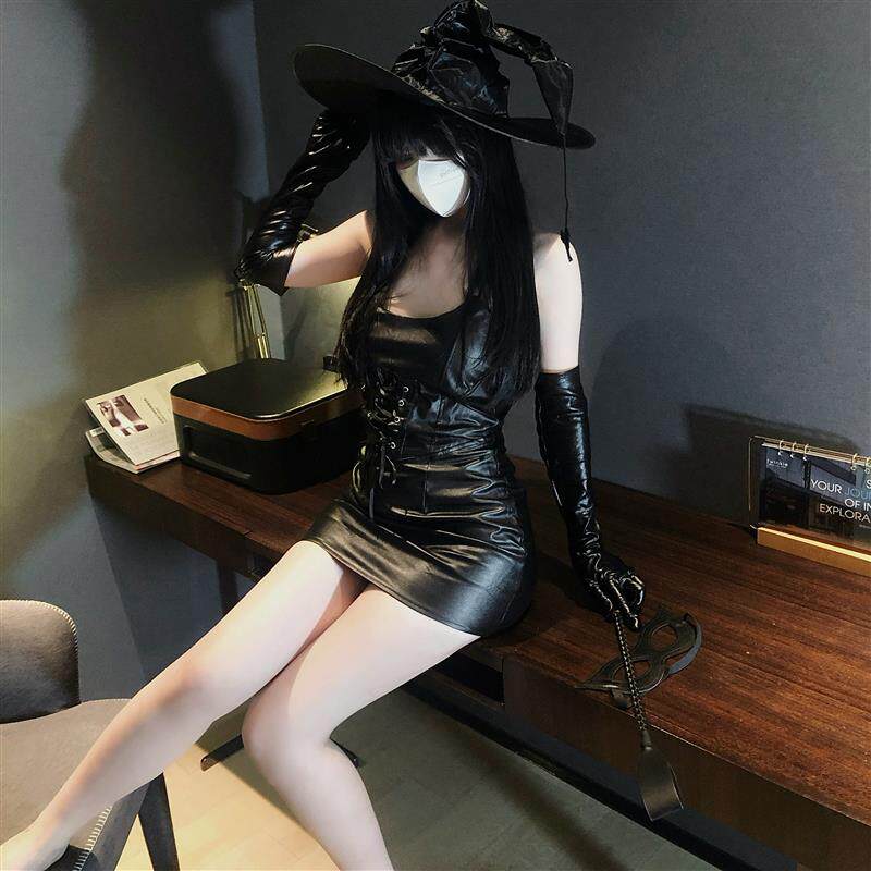 even学姐幻黑谍魅*性感万圣cos女巫制服漆皮抹胸紧身辣妹包臀裙