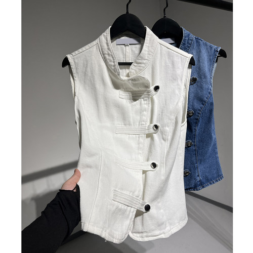 立领斜扣修身收腰牛仔马甲背心