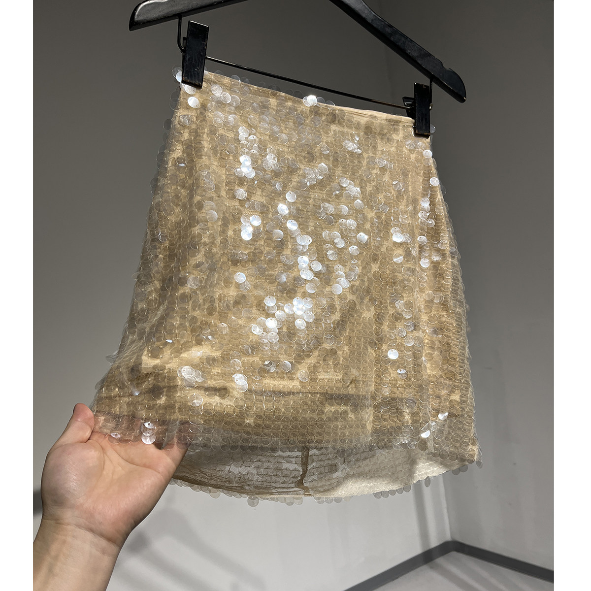 重工亮片高腰包臀网纱半身短裙