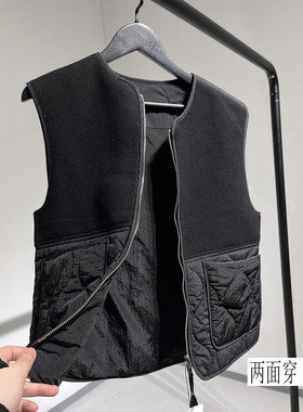 两面穿圆领毛呢拼接棉服马甲背心