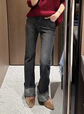 Partysu 韩国进口 官网直邮 2025冬 Pino  卷边微喇黑色牛仔裤