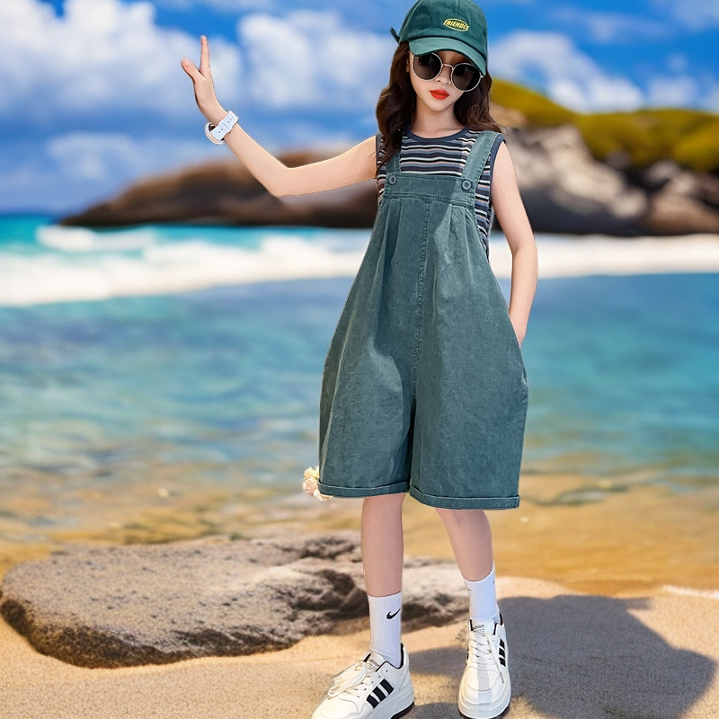 女童裤子夏季薄款2024新款休闲女大童夏装儿童夏款背带裤阔腿短裤
