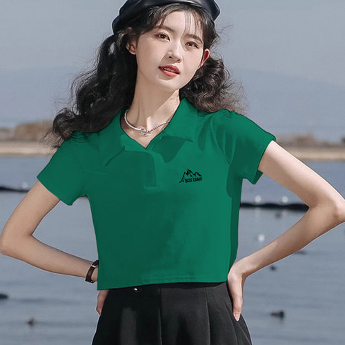 2026夏季新款长绒棉POLO衫女修身短款小清新印花短袖上衣