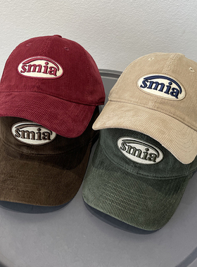 Smia立体字母刺绣棒球帽子女韩版时尚灯芯绒休闲百搭软顶鸭舌帽男