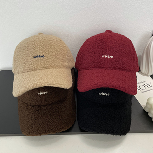 Where字母刺绣羊羔毛棒球帽子女冬天时尚 硬顶休闲品质鸭舌帽男