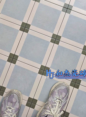 浅蓝色复古做旧格子花砖200x200厨房卫生间阳台餐厅酒店防滑瓷砖