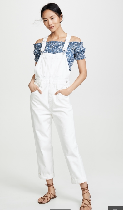 特价 L码清货原单M家女款百搭白色直腿背带裤 工装裤牛仔长裤