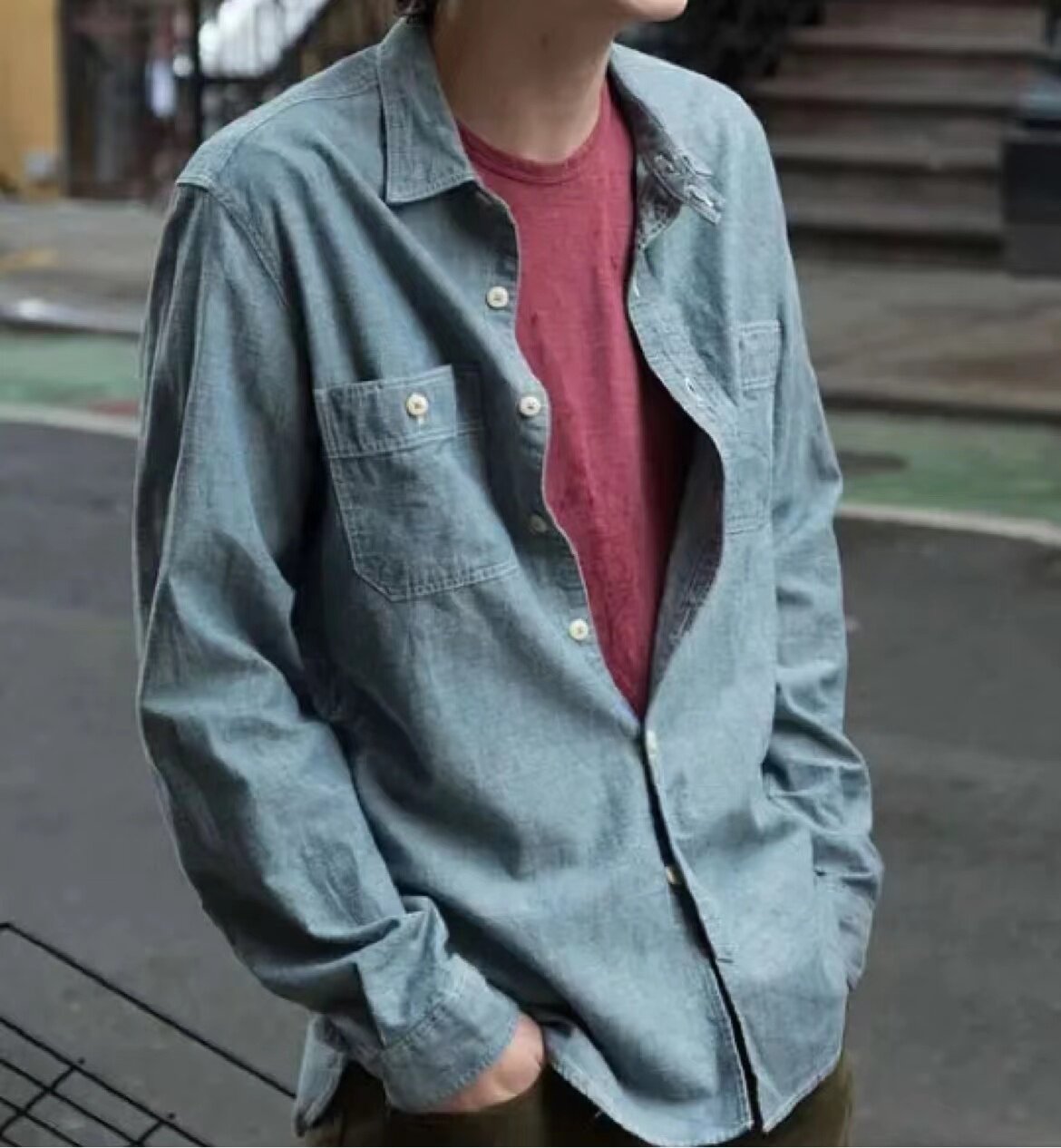 男款百搭蓝灰色柔软棉布牛仔衬衫
