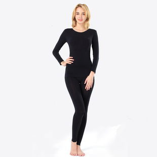特价女款黑色圆领长袖简约居家运动防寒保暖抓绒打底套装衣裤