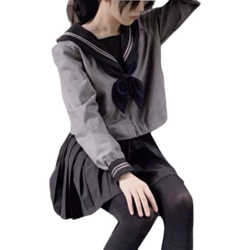 ORTHODOX BLACK COLLAR GRAY BODY TWO MAIN LINE JAPAN JK UNIFORM LONG SLEEVES MID WEAR KANSAI PLACKET SAILOR SUIT PLEATED SKIRT SET