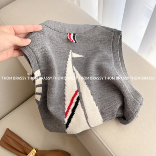 THOM BRASSY 学院风tb帆船羊毛针织马甲女秋冬四道杠宽松V领上衣