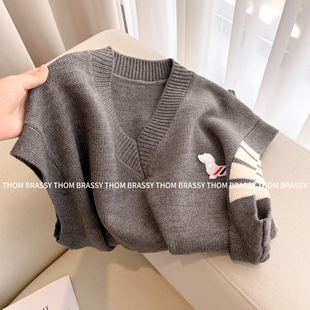 THOM BRASSY 学院风tb小狗羊毛针织马甲女秋冬四道杠宽松V领上衣