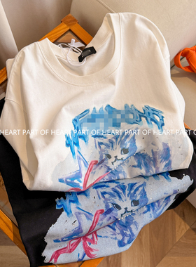 W家2026新款高克重猫咪珍珠项链水彩印花短袖T恤男女同款宽松半袖